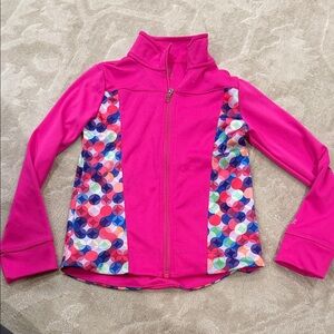 Champion girls' track jacket in hot pink with a geometric printed panel. Size 6